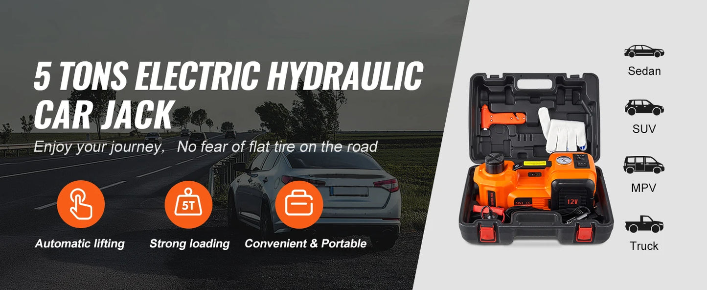 SucceBuy 5T Electric Car Jack Hydraulic Car Jack with Built-in Inflatable Pump LED Light Car Jack for SUV MPV Truck Change Tire
