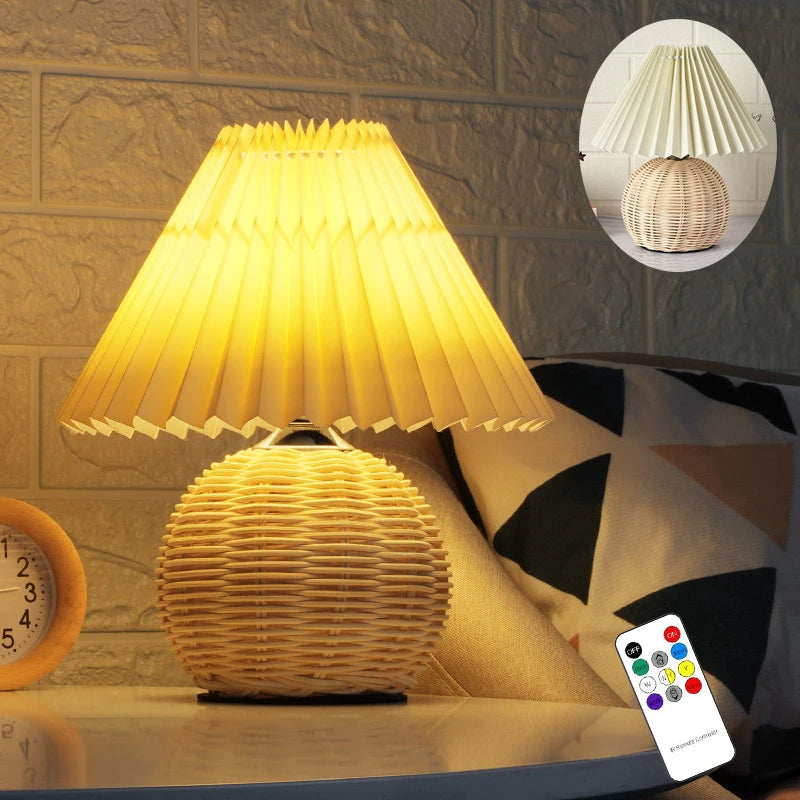 INS Led Pleated Table Lamp Rattan Base Desktop Light Usb PLug Dimmable Timmer For Room Bedside Bedroom Table Decor Night Lights