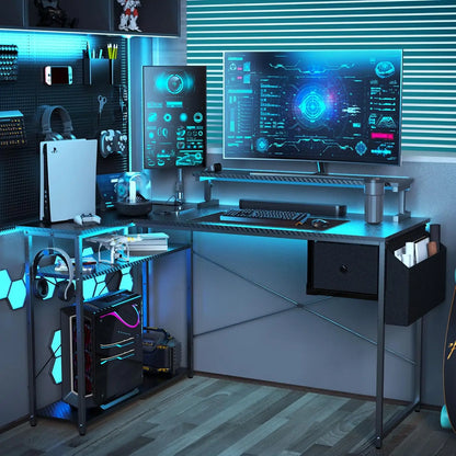 Gaming Desk, 47 inch L Shaped Gaming Desk, Computer Desk with LED Lights & Adjustable Stand