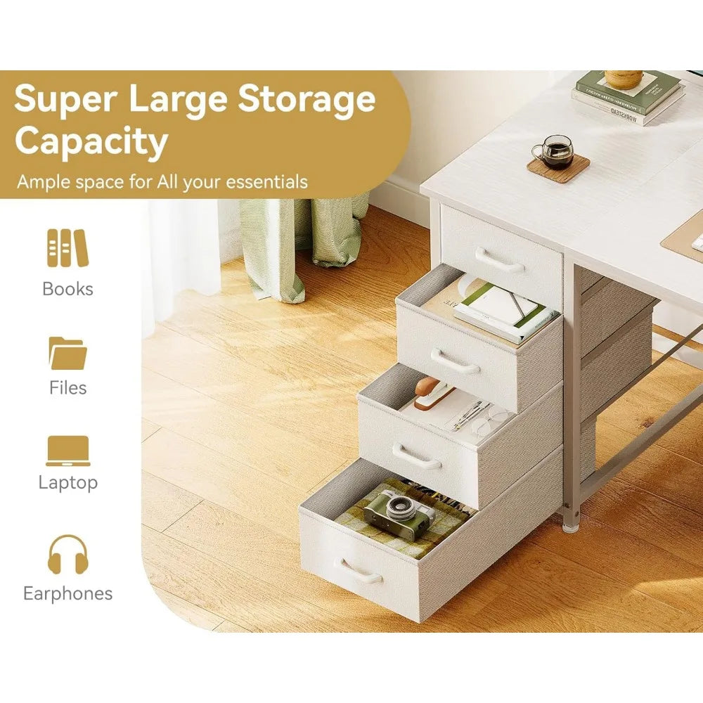 48 Inch White Computer Desk with 8 Fabric Drawers, Modern Office Desk with Large Storage for Home Office, Study, Gaming, White