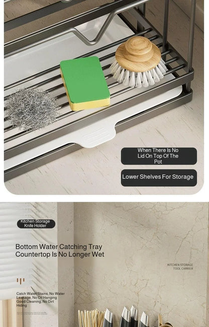 Kitchen Countertop Organizer with Drainage Tray -Integrated Rack for Cutting Boards, Knives, Rags, Chopsticks, Pot Lids, Durable