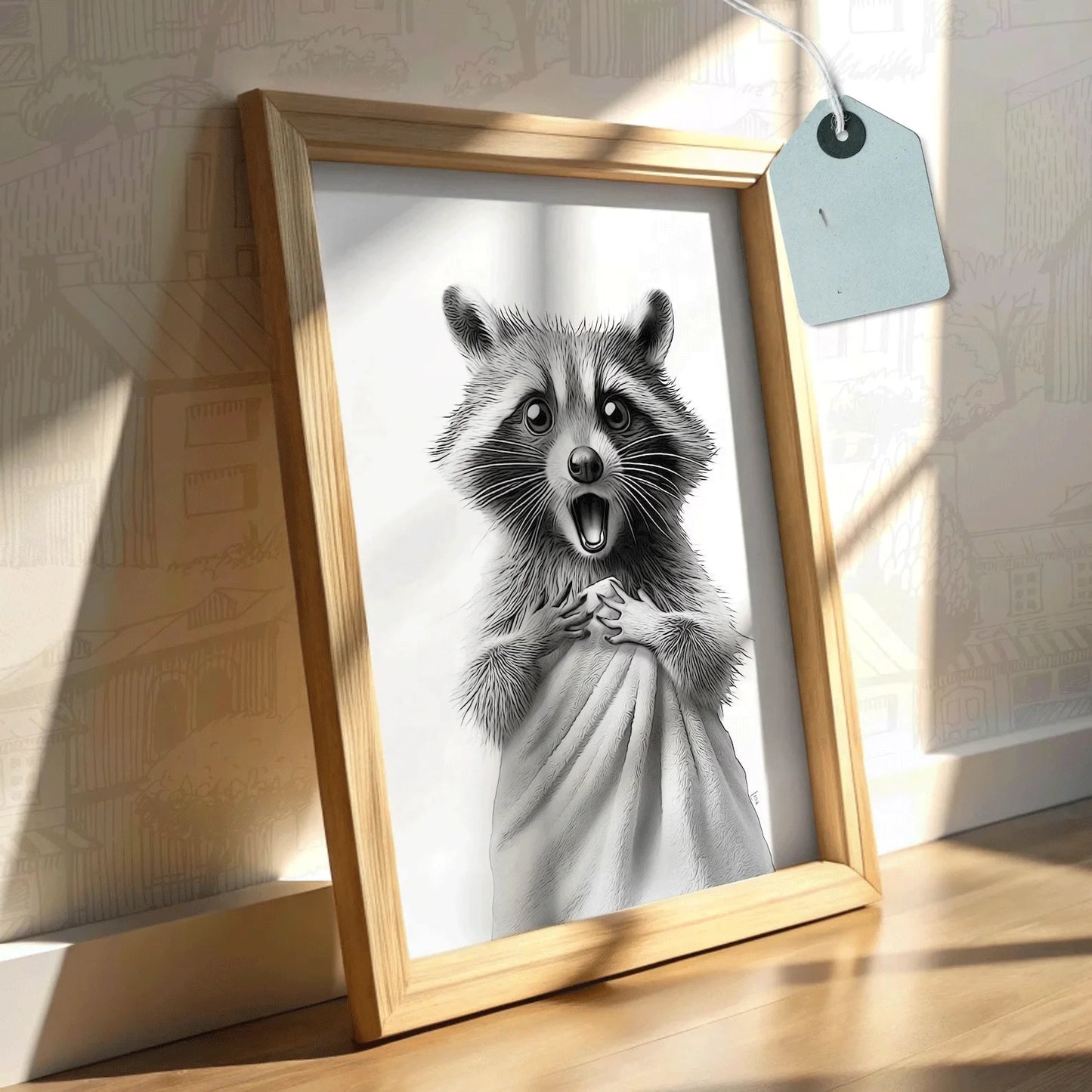 bathroom wall art, raccoon, Toilet Humor, Kids Bathroom, Animal Art, bathroom kids art, bathroom decor, bathrobe, towel bathromm