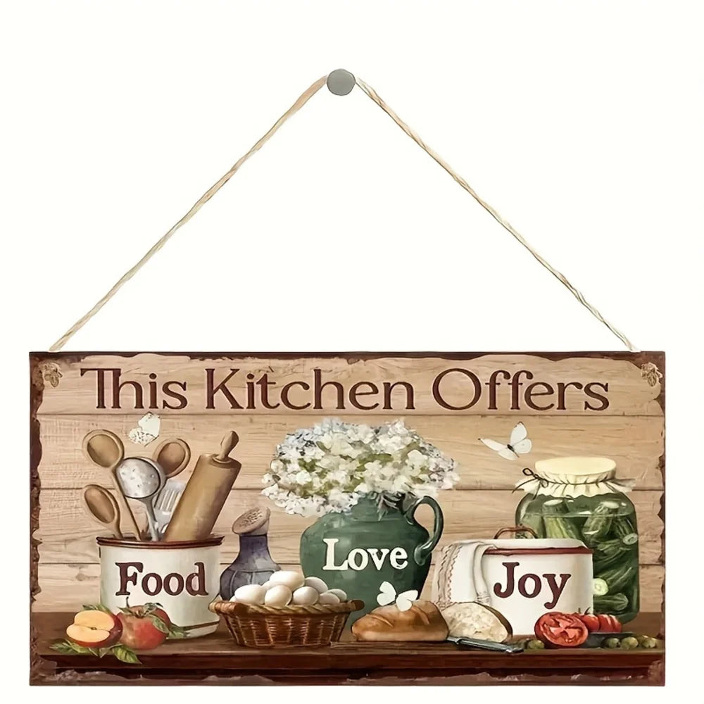 Rustic Wooden Kitchen Wall Decor Sign - "This Kitchen Offers Food Love Joy" Hanging Plaque with Cooking and Floral Illustration