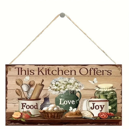 Rustic Wooden Kitchen Wall Decor Sign - "This Kitchen Offers Food Love Joy" Hanging Plaque with Cooking and Floral Illustration