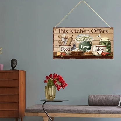 Rustic Wooden Kitchen Wall Decor Sign - "This Kitchen Offers Food Love Joy" Hanging Plaque with Cooking and Floral Illustration