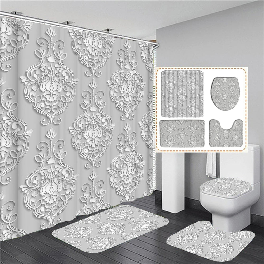 Elegant Bouquet of Fantastic White Flowers 3D Style Shower Curtain Bathroom Curtain with Bath Rug Carpet Set Floral Home Decor