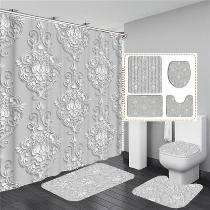 Elegant Bouquet of Fantastic White Flowers 3D Style Shower Curtain Bathroom Curtain with Bath Rug Carpet Set Floral Home Decor