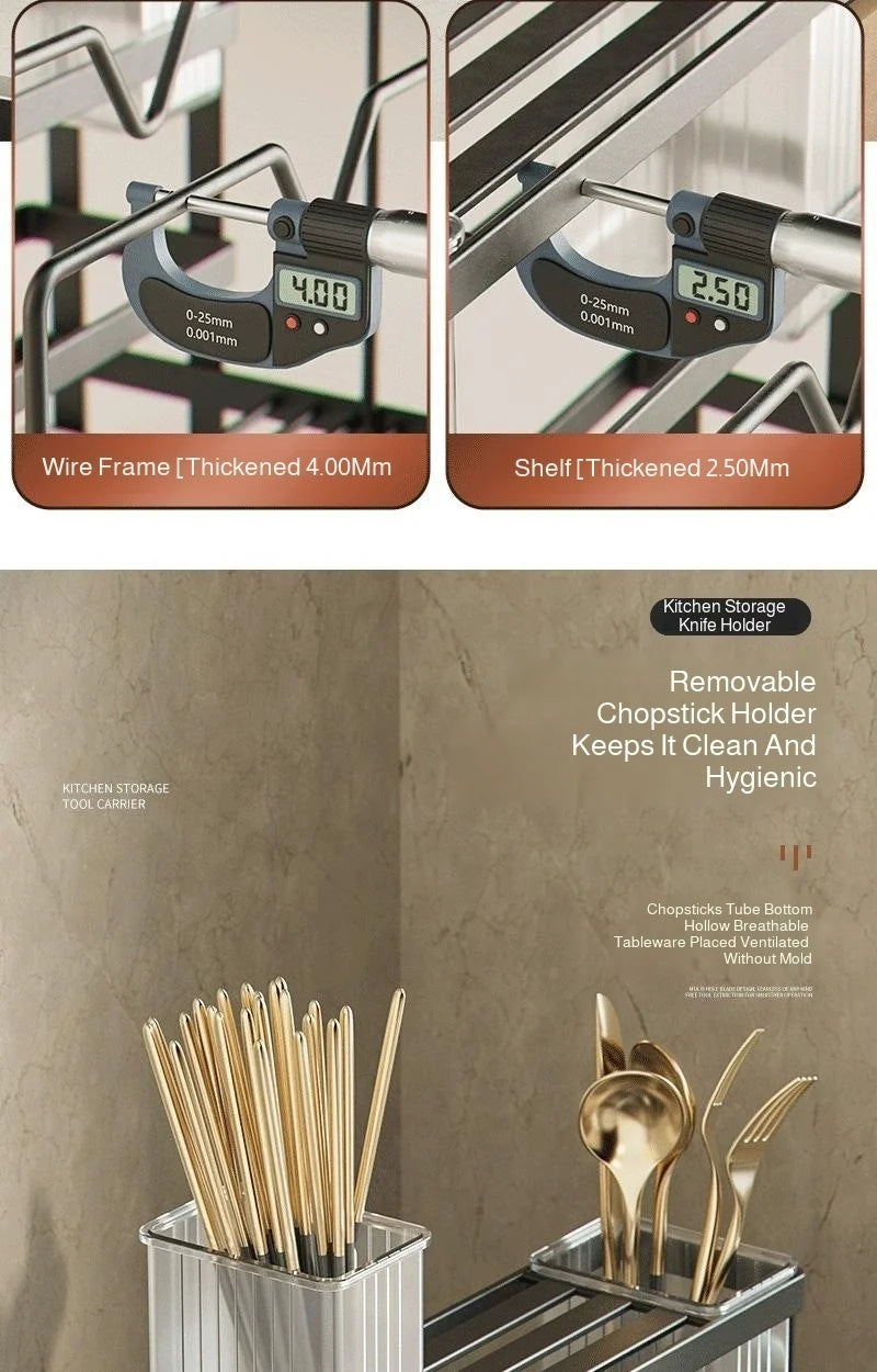 Kitchen Countertop Organizer with Drainage Tray -Integrated Rack for Cutting Boards, Knives, Rags, Chopsticks, Pot Lids, Durable