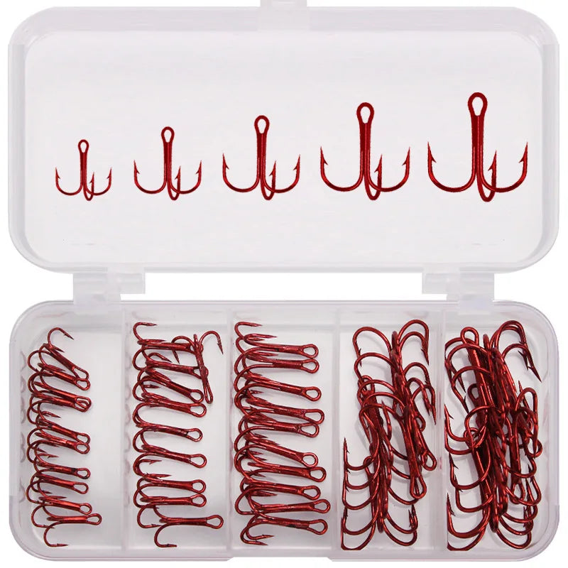 50Pcs Fishing Treble Hooks Kit High Carbon Steel Hooks Strong Sharp Round Bend for Lures Baits Saltwater Freshwater Fishing