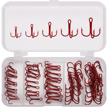 50Pcs Fishing Treble Hooks Kit High Carbon Steel Hooks Strong Sharp Round Bend for Lures Baits Saltwater Freshwater Fishing