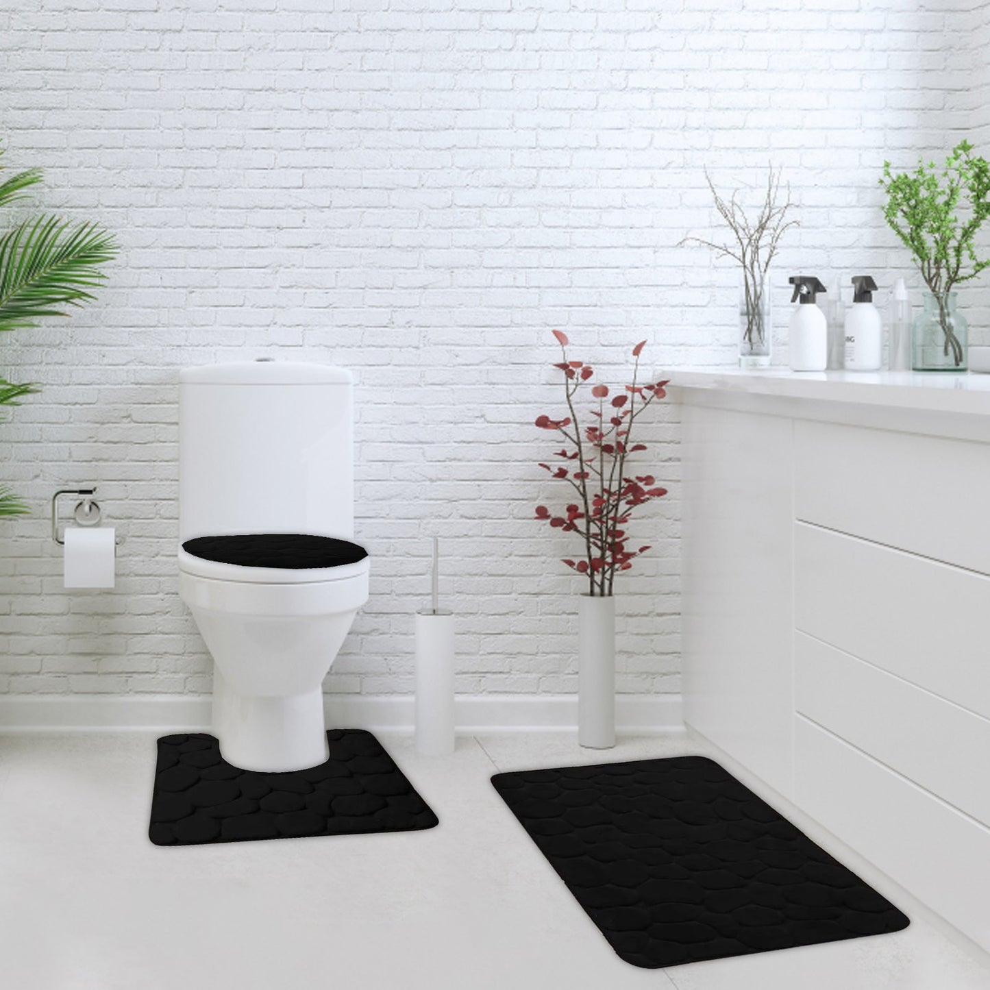 Bathroom Decorative Rug Set Of 3, Chenille Plush Large Rug, Rug And Toilet Seat Cover With Non-Slip Rubber Backing Bathroom