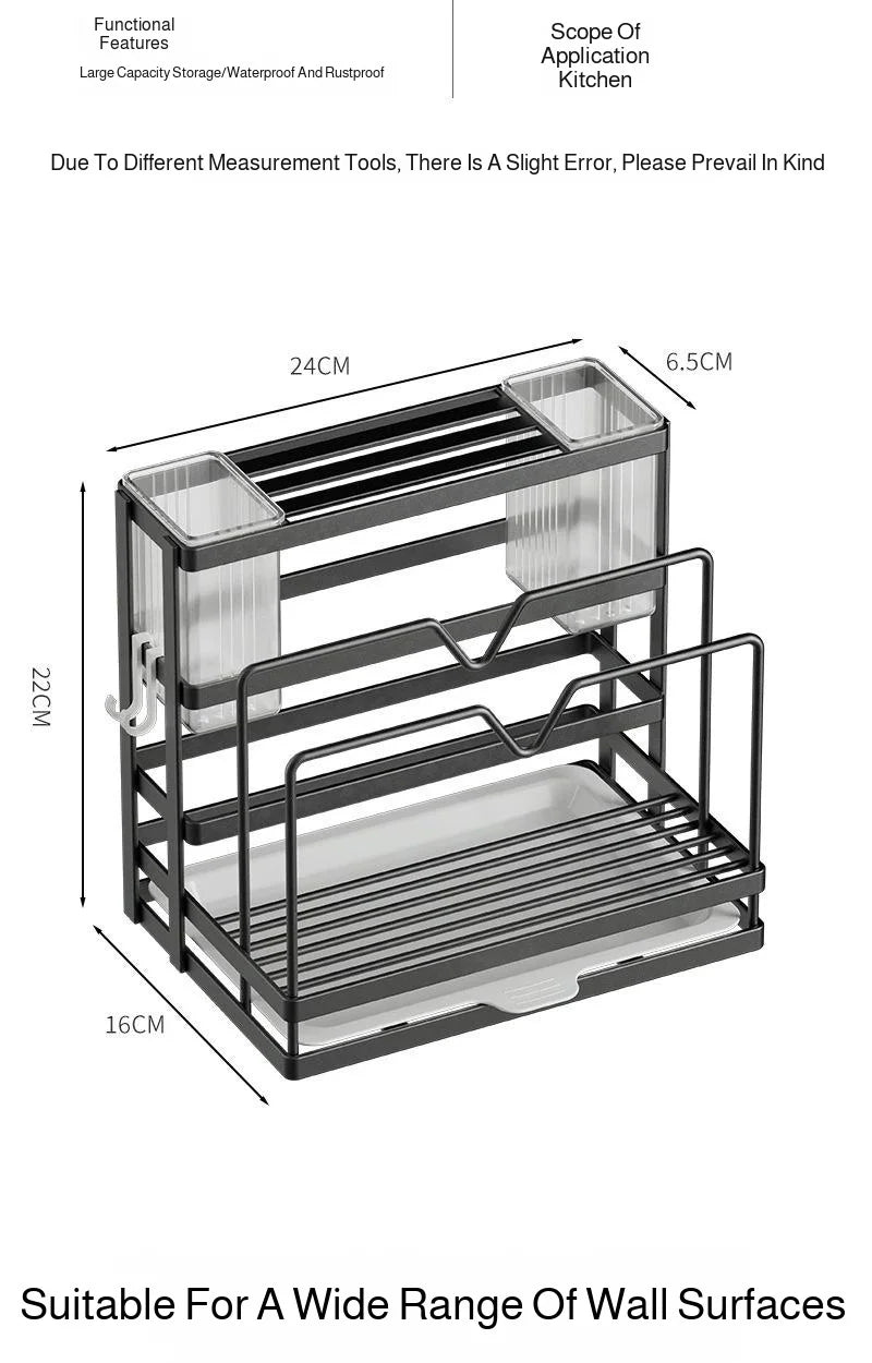 Kitchen Countertop Organizer with Drainage Tray -Integrated Rack for Cutting Boards, Knives, Rags, Chopsticks, Pot Lids, Durable