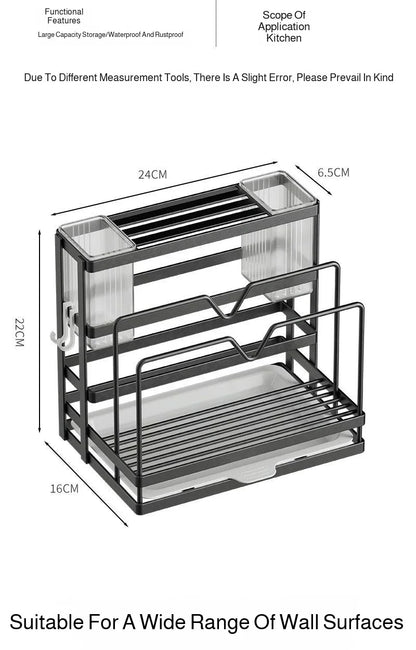 Kitchen Countertop Organizer with Drainage Tray -Integrated Rack for Cutting Boards, Knives, Rags, Chopsticks, Pot Lids, Durable