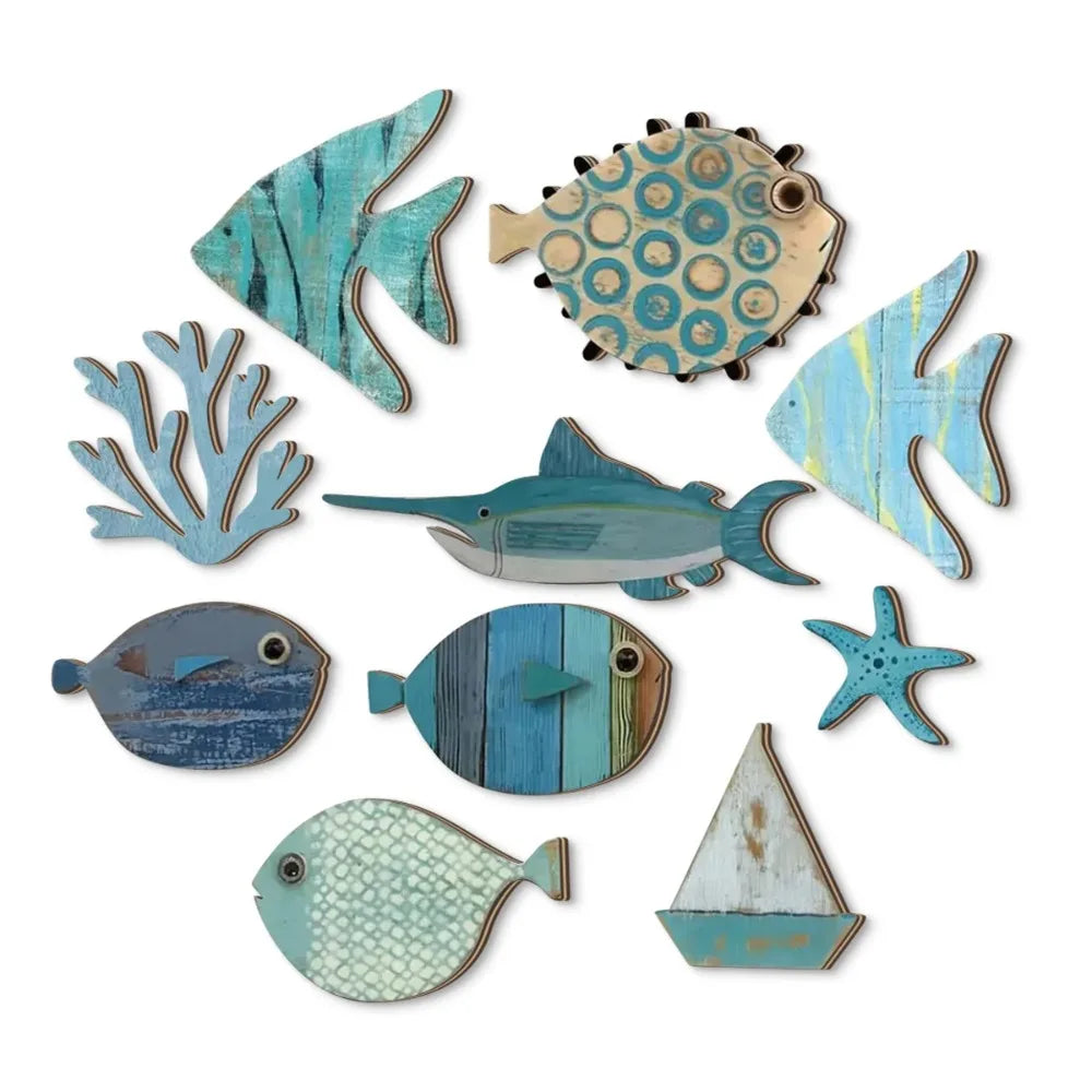 Wall Decor Handcrafted Wooden Ocean - Fish, Coral, Starfish & Sailboat Set for Home/Bathroom, Coastal Style Art Wall Decor
