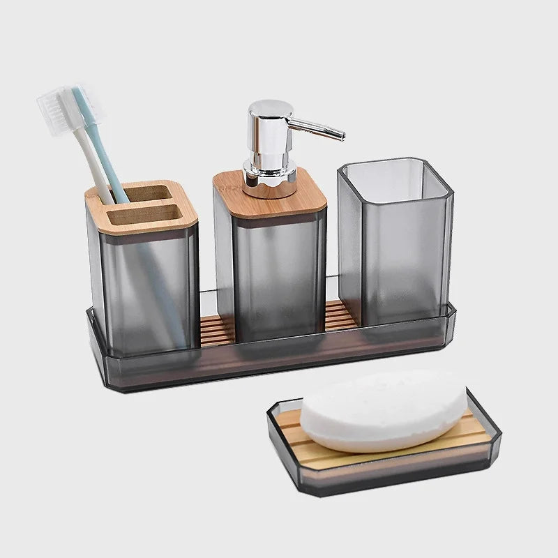 Bathroom Accessories Set Vanity Counter Soap Dispenser Toothbrush Cotton Swab Holder and Tray Set Bathroom Decor Apothecary Jars