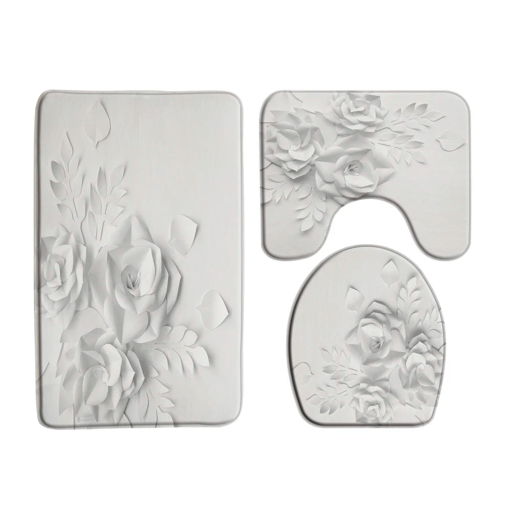 Elegant Bouquet of Fantastic White Flowers 3D Style Shower Curtain Bathroom Curtain with Bath Rug Carpet Set Floral Home Decor