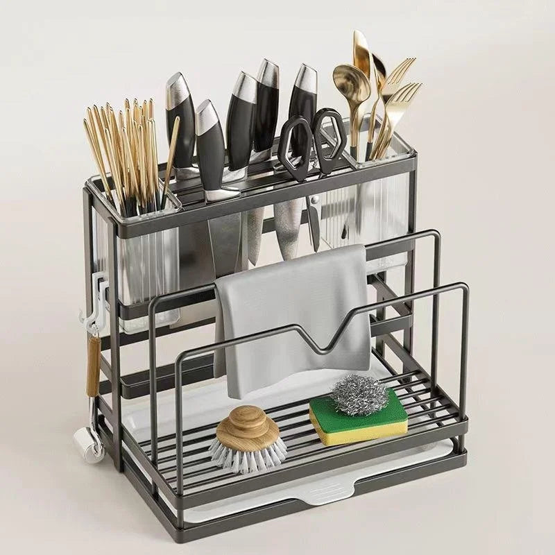 Kitchen Countertop Organizer with Drainage Tray -Integrated Rack for Cutting Boards, Knives, Rags, Chopsticks, Pot Lids, Durable