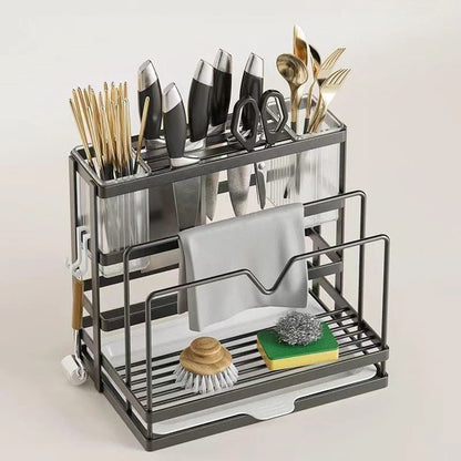 Kitchen Countertop Organizer with Drainage Tray -Integrated Rack for Cutting Boards, Knives, Rags, Chopsticks, Pot Lids, Durable