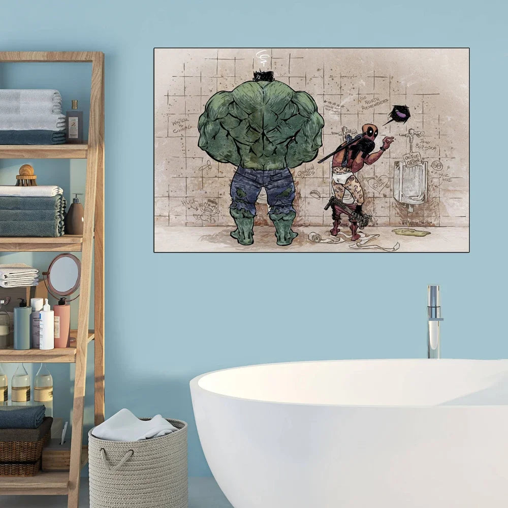 Bathroom Wall Art Decor Funny Superhero Hulk And Deadpool In The Toilet Poster Avenger Retro Canvas Painting Home Decor