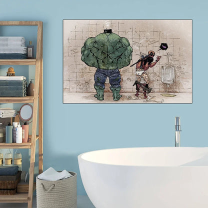 Bathroom Wall Art Decor Funny Superhero Hulk And Deadpool In The Toilet Poster Avenger Retro Canvas Painting Home Decor