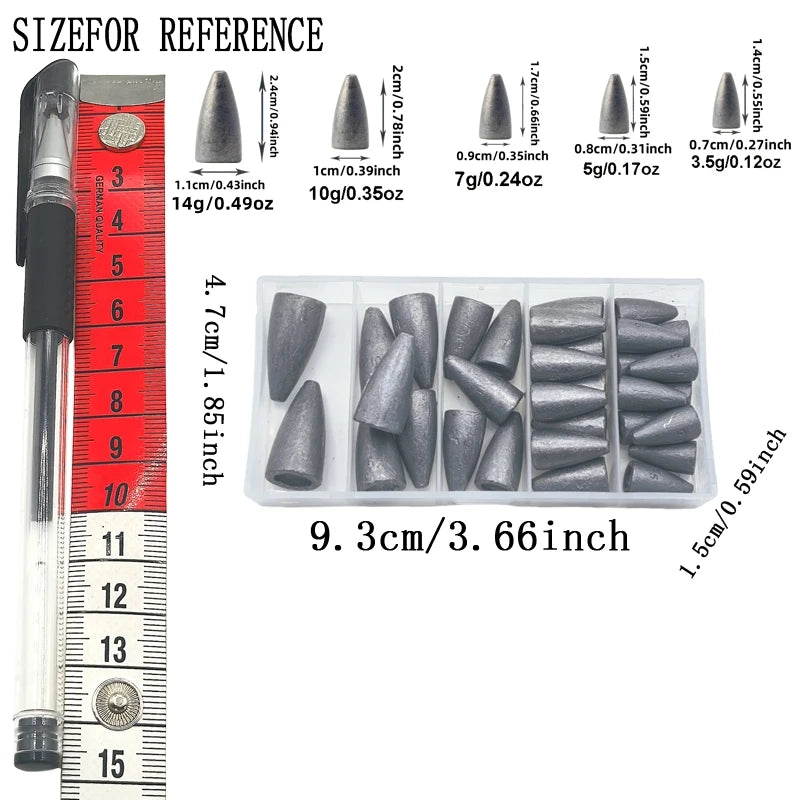 32pcs/box32-Piece Bullet Sinker Set: 3.5g - 14g, Fishing Weights for Bass, Trout, and More