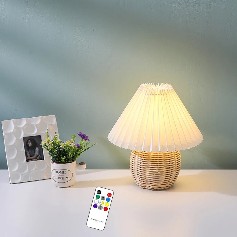 INS Led Pleated Table Lamp Rattan Base Desktop Light Usb PLug Dimmable Timmer For Room Bedside Bedroom Table Decor Night Lights