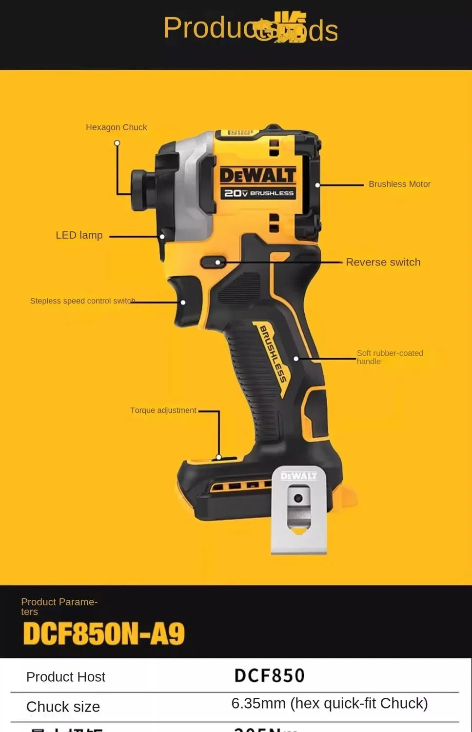 DEWALT DCF850 Impact Driver Electric Driver 20V Lithium Battery Brushless battery screwdrivers High Torque tools  No battery