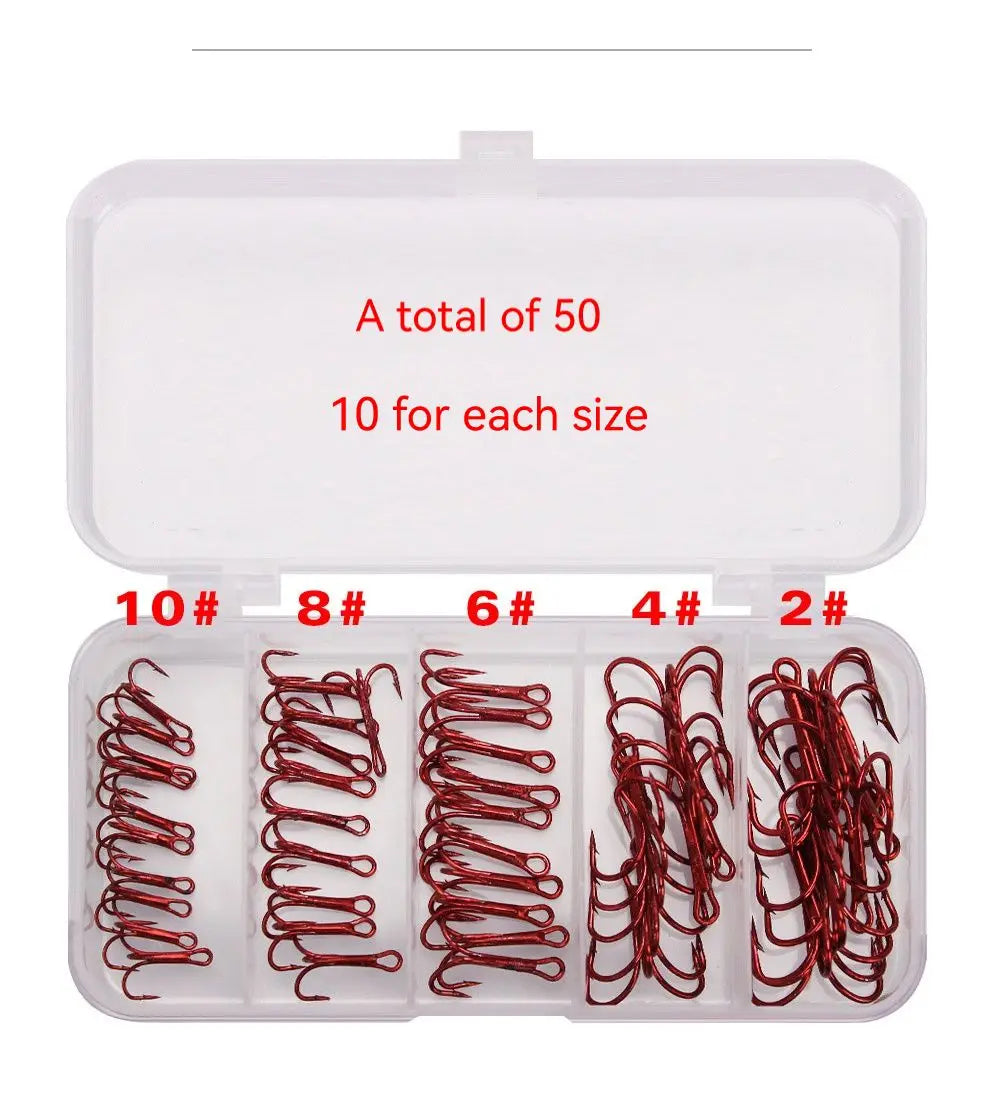 50Pcs Fishing Treble Hooks Kit High Carbon Steel Hooks Strong Sharp Round Bend for Lures Baits Saltwater Freshwater Fishing