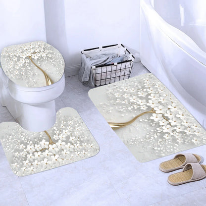 Elegant Bouquet of Fantastic White Flowers 3D Style Shower Curtain Bathroom Curtain with Bath Rug Carpet Set Floral Home Decor