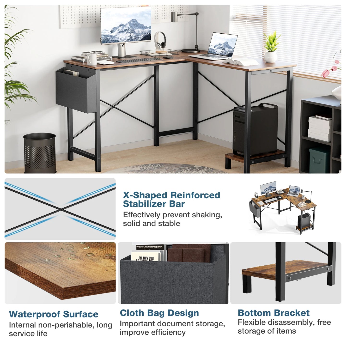 JHK Gaming Corner 50 Inch Office Writing PC Wooden Table with CPU Storage Shelf & Side Bag for Home Office Bedroom Small Space