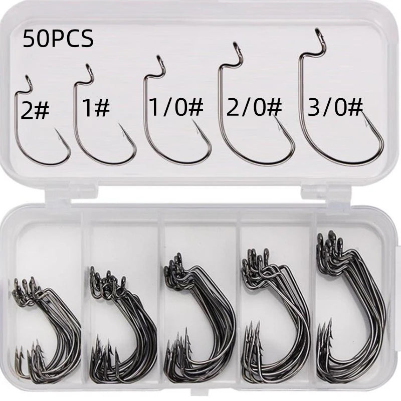 50Pcs Box Fishing Hooks Set Jig Crank Barbed Hook High Carbon Stainless Steel Wide Gap Offset Fishhook Soft Worm Sea Hook Tackle