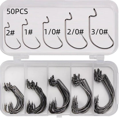 50Pcs Box Fishing Hooks Set Jig Crank Barbed Hook High Carbon Stainless Steel Wide Gap Offset Fishhook Soft Worm Sea Hook Tackle