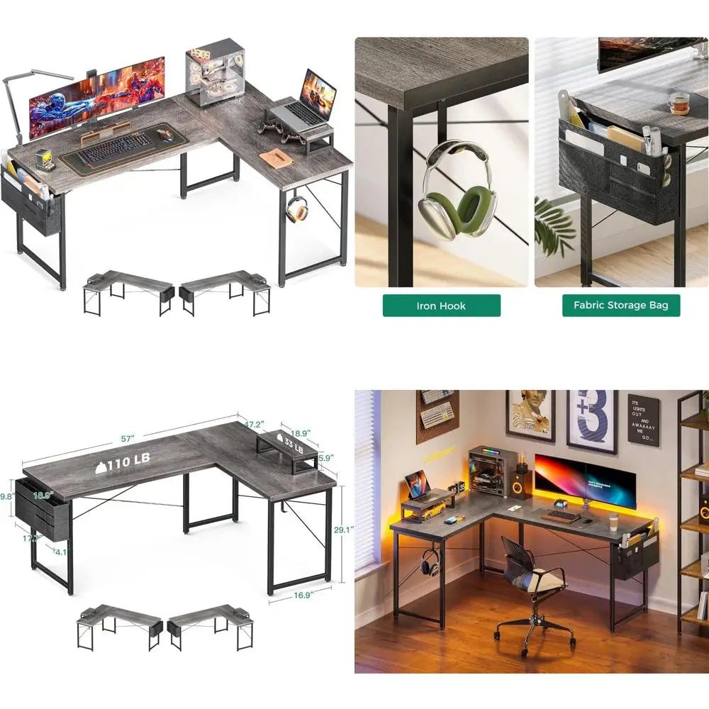 "L-Shaped Computer Desk with Storage, 57.5 Inch Reversible Gaming Desk, Corner Home Office Desk with Monitor Stand, Space-Saving
