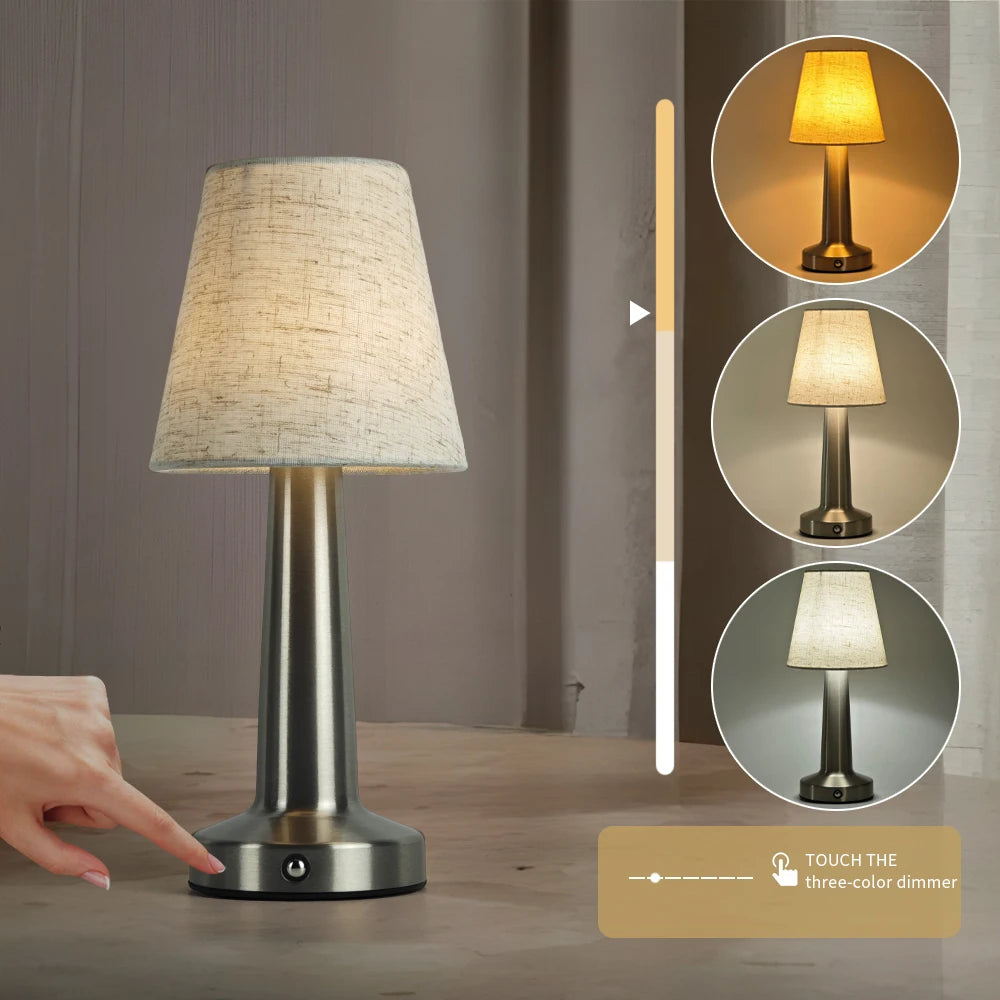 LED Table Lamp with Cloth Shade, Touch Sensor Bedside Lamp Rechargeable Reading Lights For Bedroom Restaurant Bar Decor Lighting