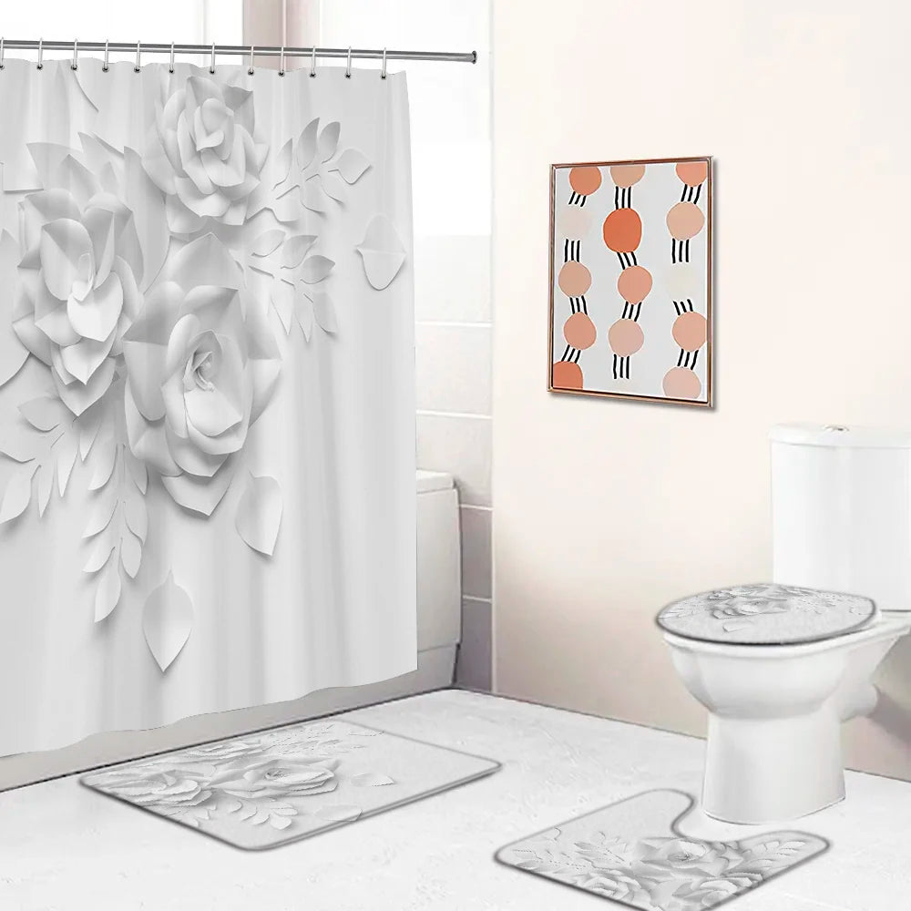 Elegant Bouquet of Fantastic White Flowers 3D Style Shower Curtain Bathroom Curtain with Bath Rug Carpet Set Floral Home Decor