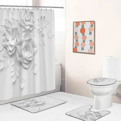Elegant Bouquet of Fantastic White Flowers 3D Style Shower Curtain Bathroom Curtain with Bath Rug Carpet Set Floral Home Decor