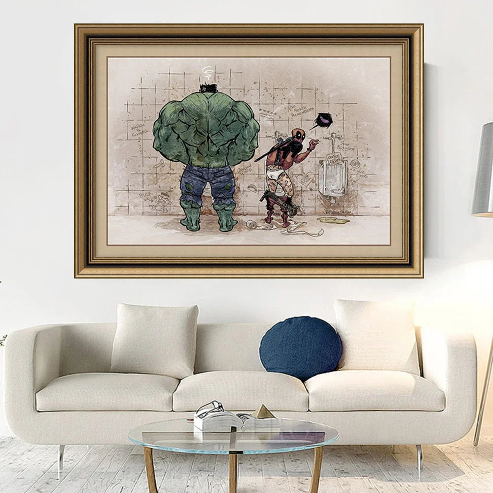 Bathroom Wall Art Decor Funny Superhero Hulk And Deadpool In The Toilet Poster Avenger Retro Canvas Painting Home Decor