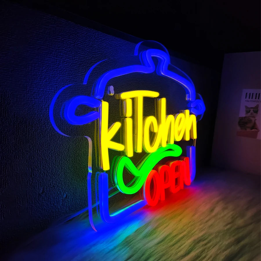 Kitchen Open Led Neon Sign, Kitchen Supplies Icon, Usb Powered, Used For Home Kitchen, Restaurant, Fast Food Business Decor.