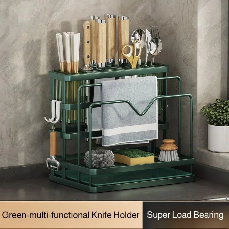 Kitchen Countertop Organizer with Drainage Tray -Integrated Rack for Cutting Boards, Knives, Rags, Chopsticks, Pot Lids, Durable