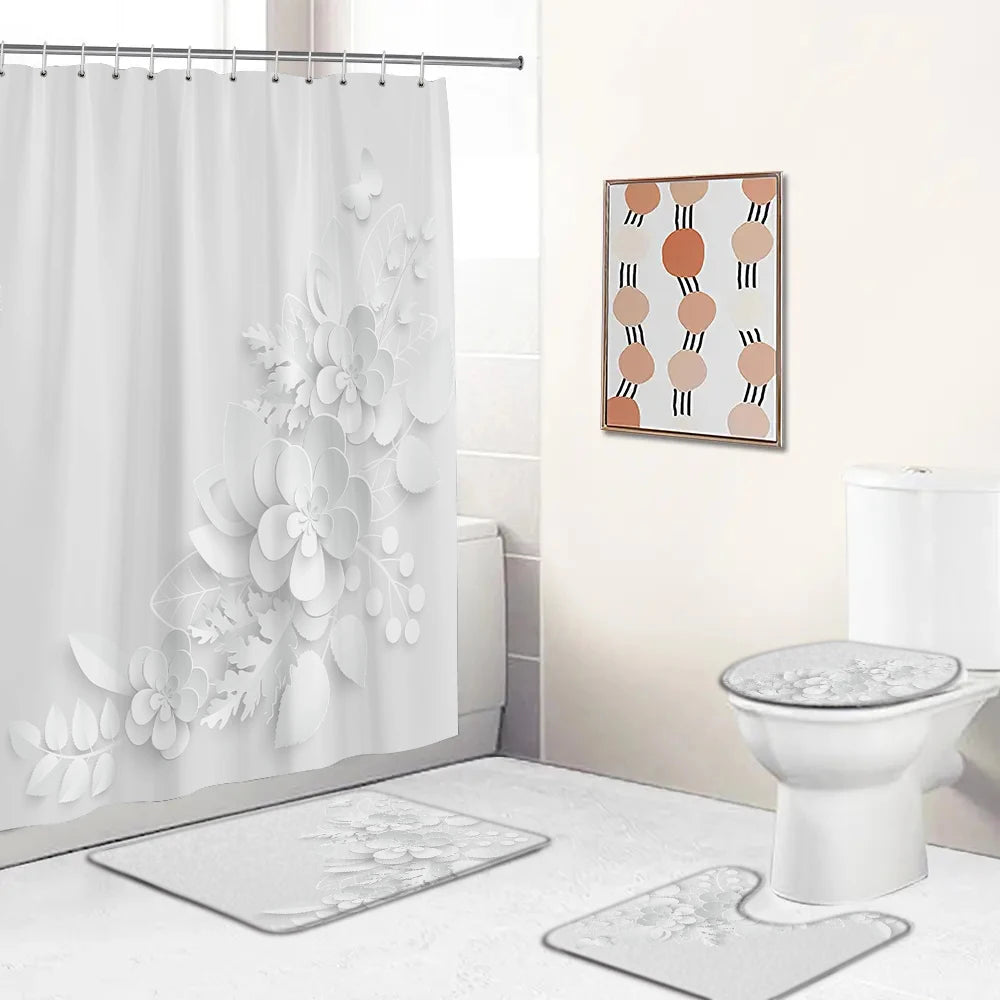 Elegant Bouquet of Fantastic White Flowers 3D Style Shower Curtain Bathroom Curtain with Bath Rug Carpet Set Floral Home Decor