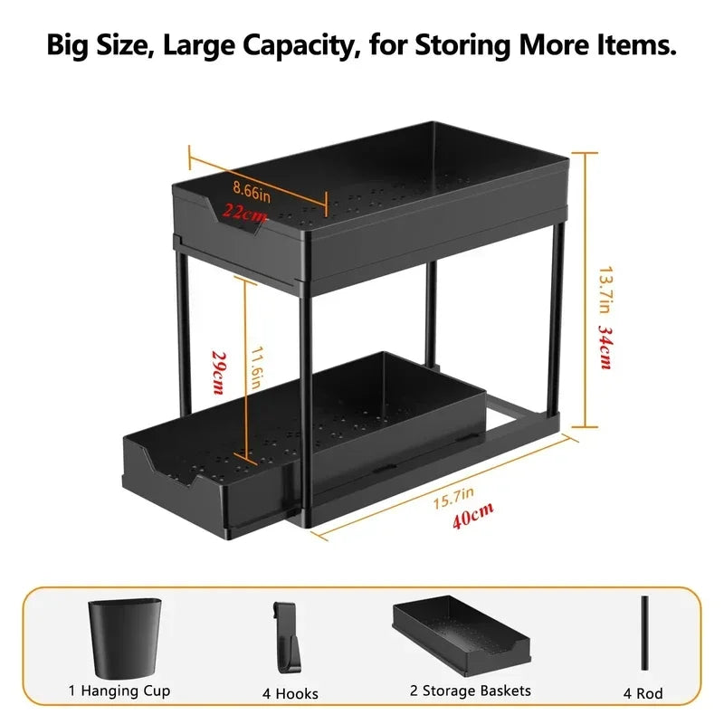 Kitchen under Sink Organizer And Storage Rack with Double Sliding Cabinet Drawers Multi-Purpose Storage Shelf Holder for Home