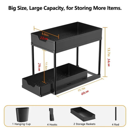 Kitchen under Sink Organizer And Storage Rack with Double Sliding Cabinet Drawers Multi-Purpose Storage Shelf Holder for Home