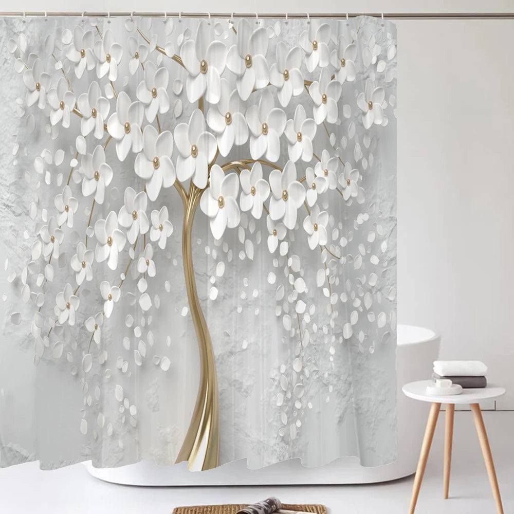 Elegant Bouquet of Fantastic White Flowers 3D Style Shower Curtain Bathroom Curtain with Bath Rug Carpet Set Floral Home Decor