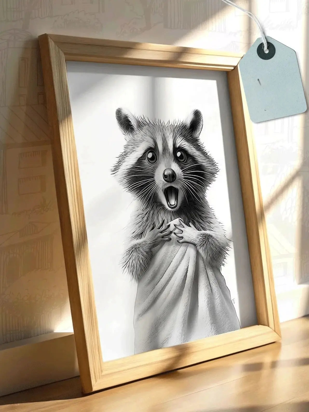 bathroom wall art, raccoon, Toilet Humor, Kids Bathroom, Animal Art, bathroom kids art, bathroom decor, bathrobe, towel bathromm
