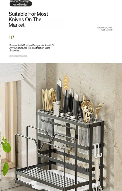 Kitchen Countertop Organizer with Drainage Tray -Integrated Rack for Cutting Boards, Knives, Rags, Chopsticks, Pot Lids, Durable