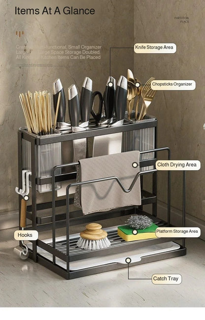 Kitchen Countertop Organizer with Drainage Tray -Integrated Rack for Cutting Boards, Knives, Rags, Chopsticks, Pot Lids, Durable
