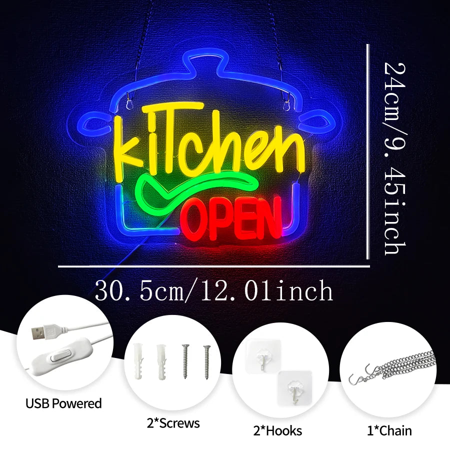 Kitchen Open Led Neon Sign, Kitchen Supplies Icon, Usb Powered, Used For Home Kitchen, Restaurant, Fast Food Business Decor.