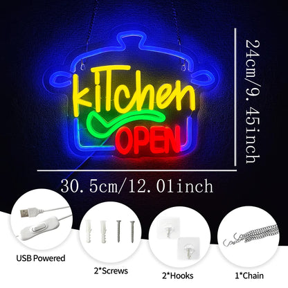 Kitchen Open Led Neon Sign, Kitchen Supplies Icon, Usb Powered, Used For Home Kitchen, Restaurant, Fast Food Business Decor.