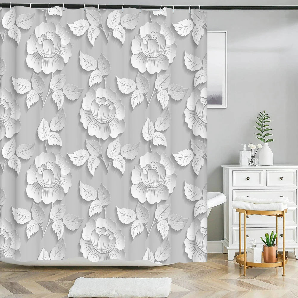 Elegant Bouquet of Fantastic White Flowers 3D Style Shower Curtain Bathroom Curtain with Bath Rug Carpet Set Floral Home Decor