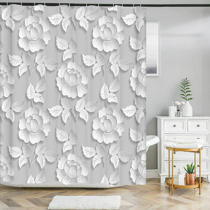 Elegant Bouquet of Fantastic White Flowers 3D Style Shower Curtain Bathroom Curtain with Bath Rug Carpet Set Floral Home Decor